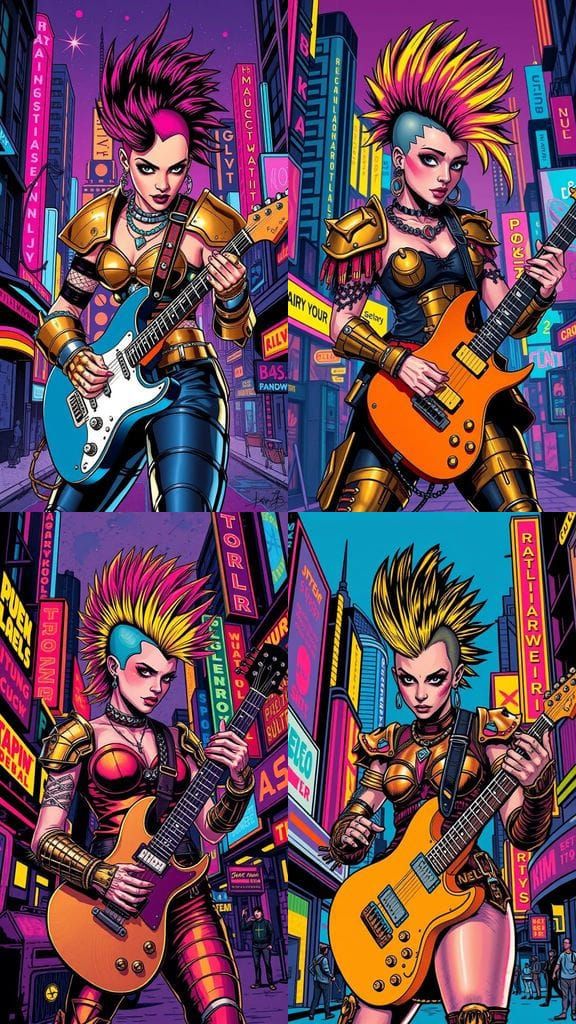 Punk Rock Warrior Woman in Neon Cityscape