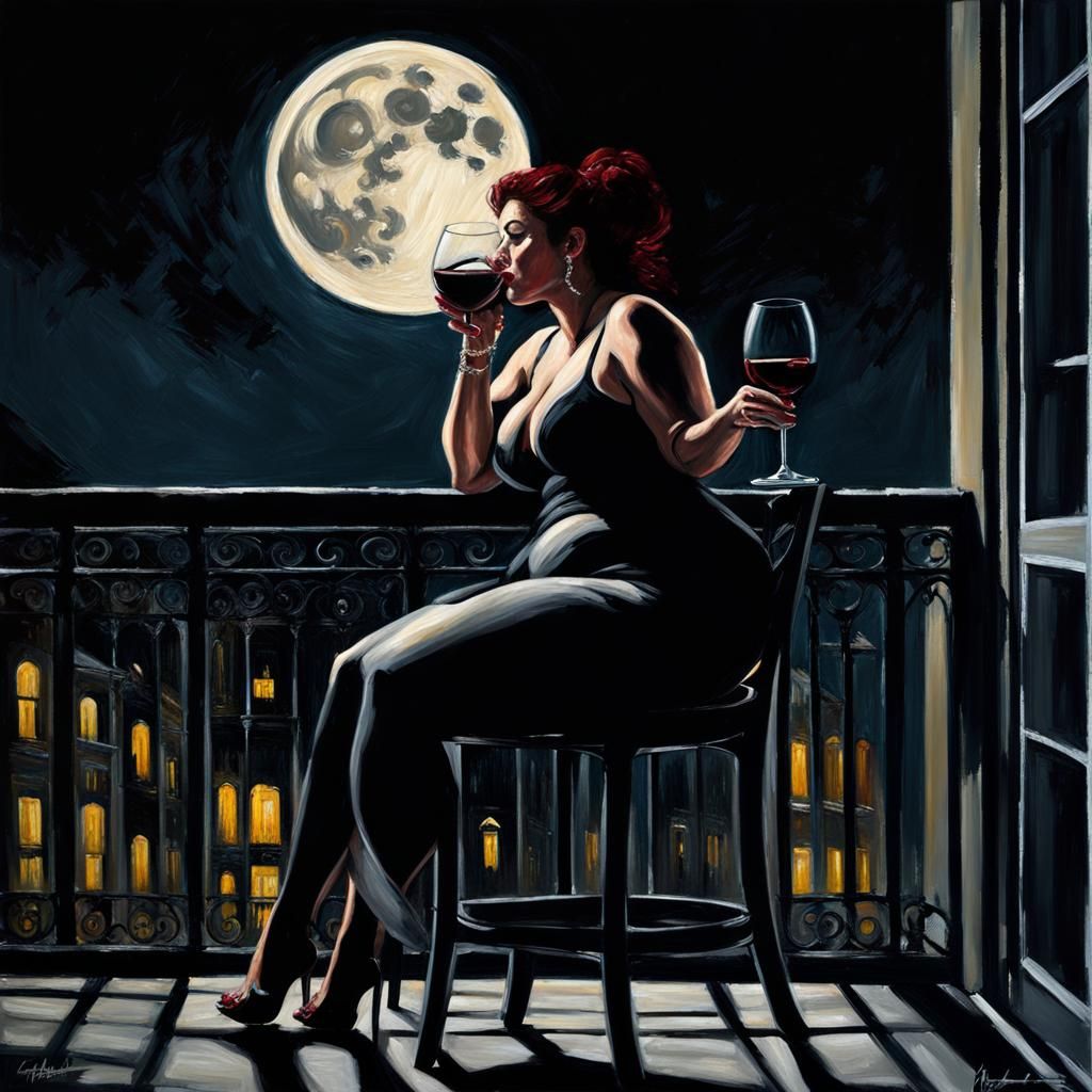 Curvy Woman Drinking Wine on Balcony: Abstract Art