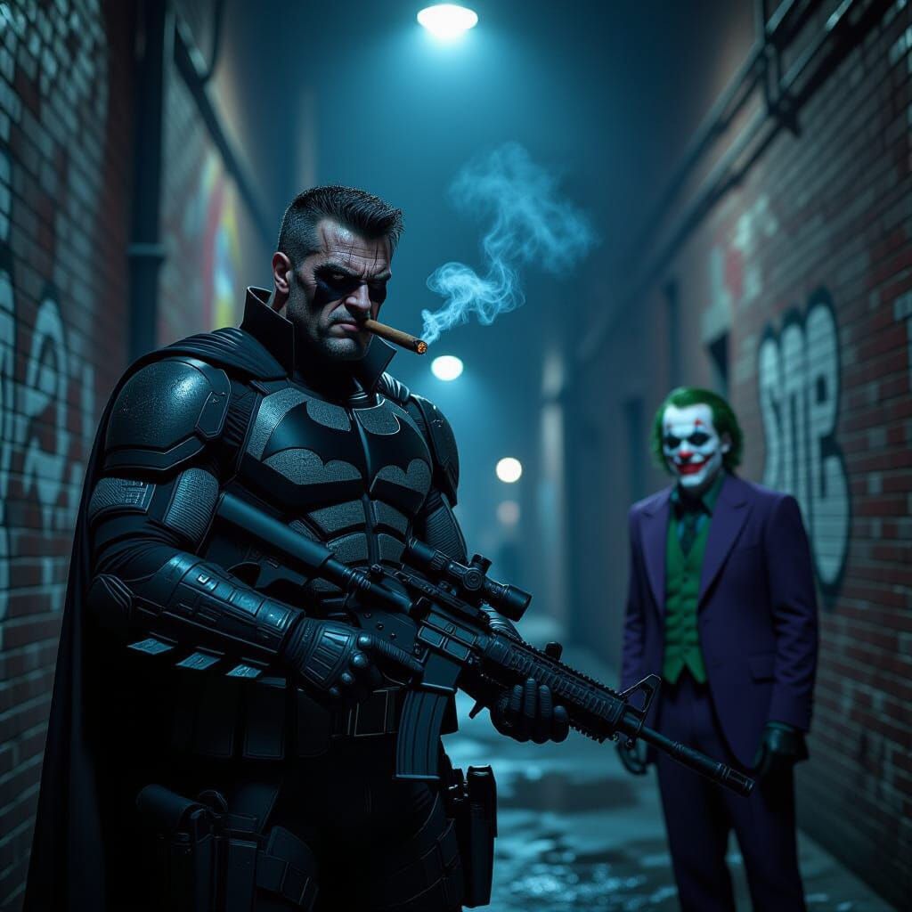 Punisher as Batman Confronts Joker in Gritty Alley