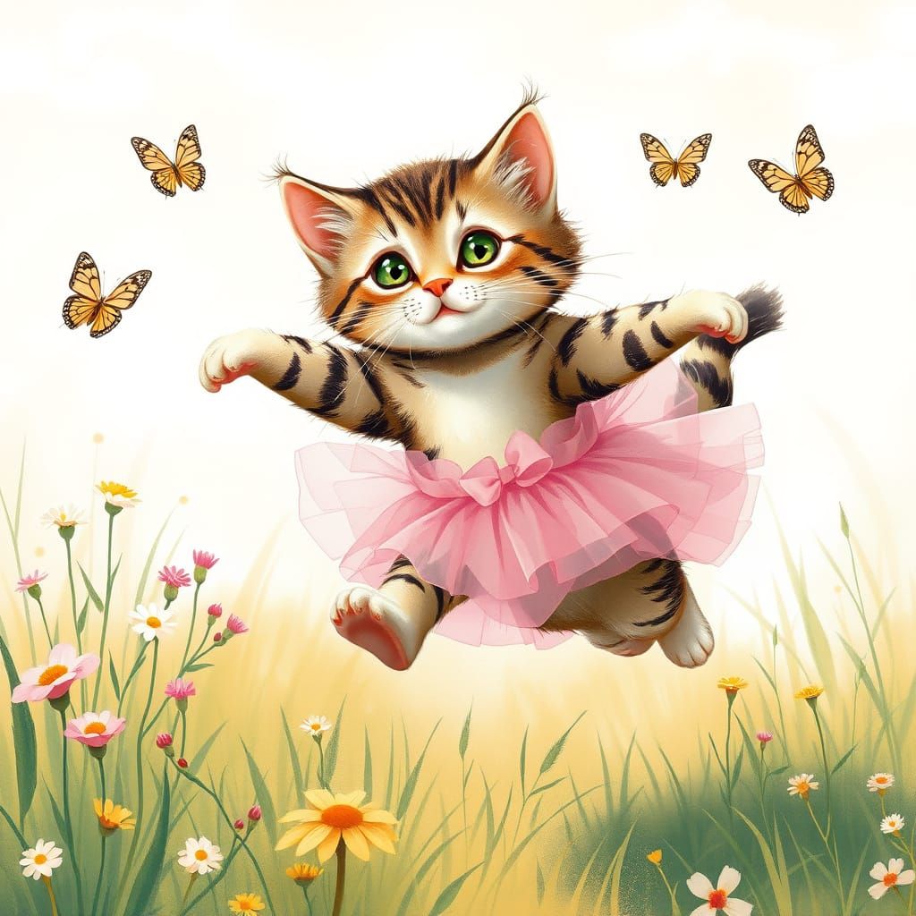 Tabby Cat Ballerina in Wildflower Meadow