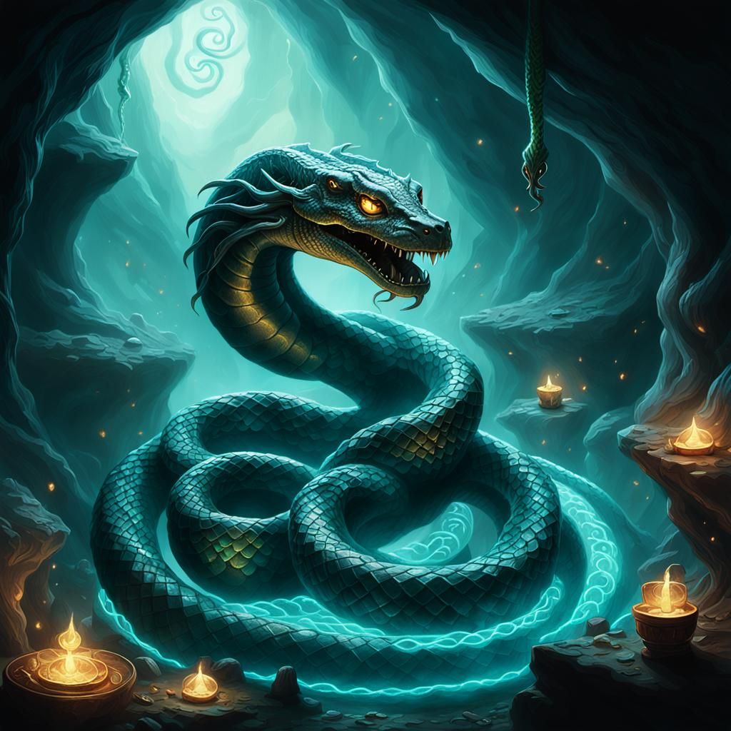 Multi-Headed Serpent Guarding Treasure in Misty Cave