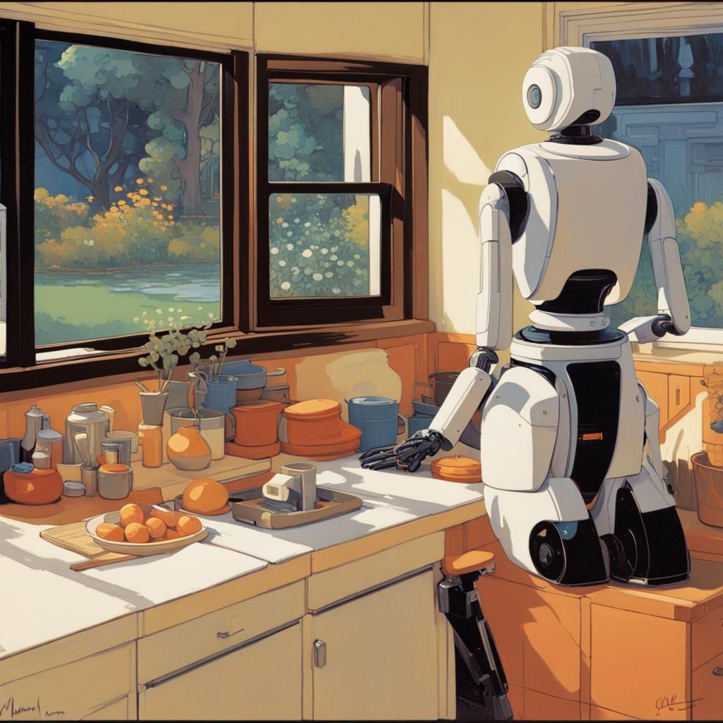 16k resolution, art by Syd Mead, Claude Monet, Hasui Kawase, Gustav Klimt, everyday life with robots, robotic household ...