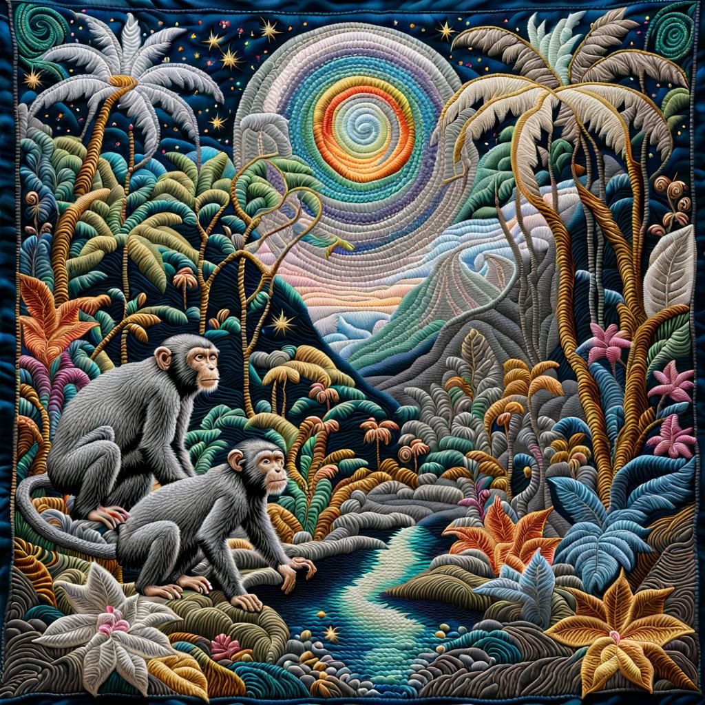 Lush Jungle Embroidery with Monkeys in Impressionist Style
