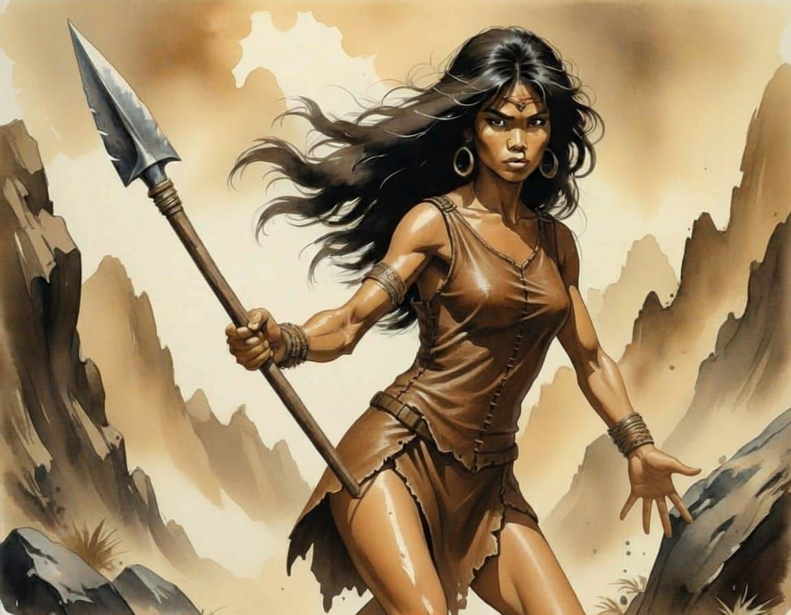 Stone Age Huntress in Watercolor Style