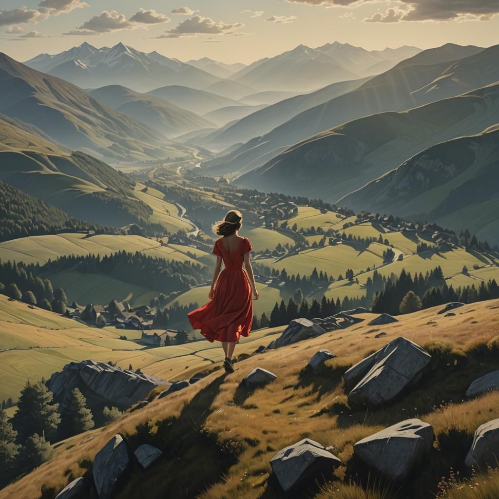 Red Dress in Surrealist Mountain Landscape