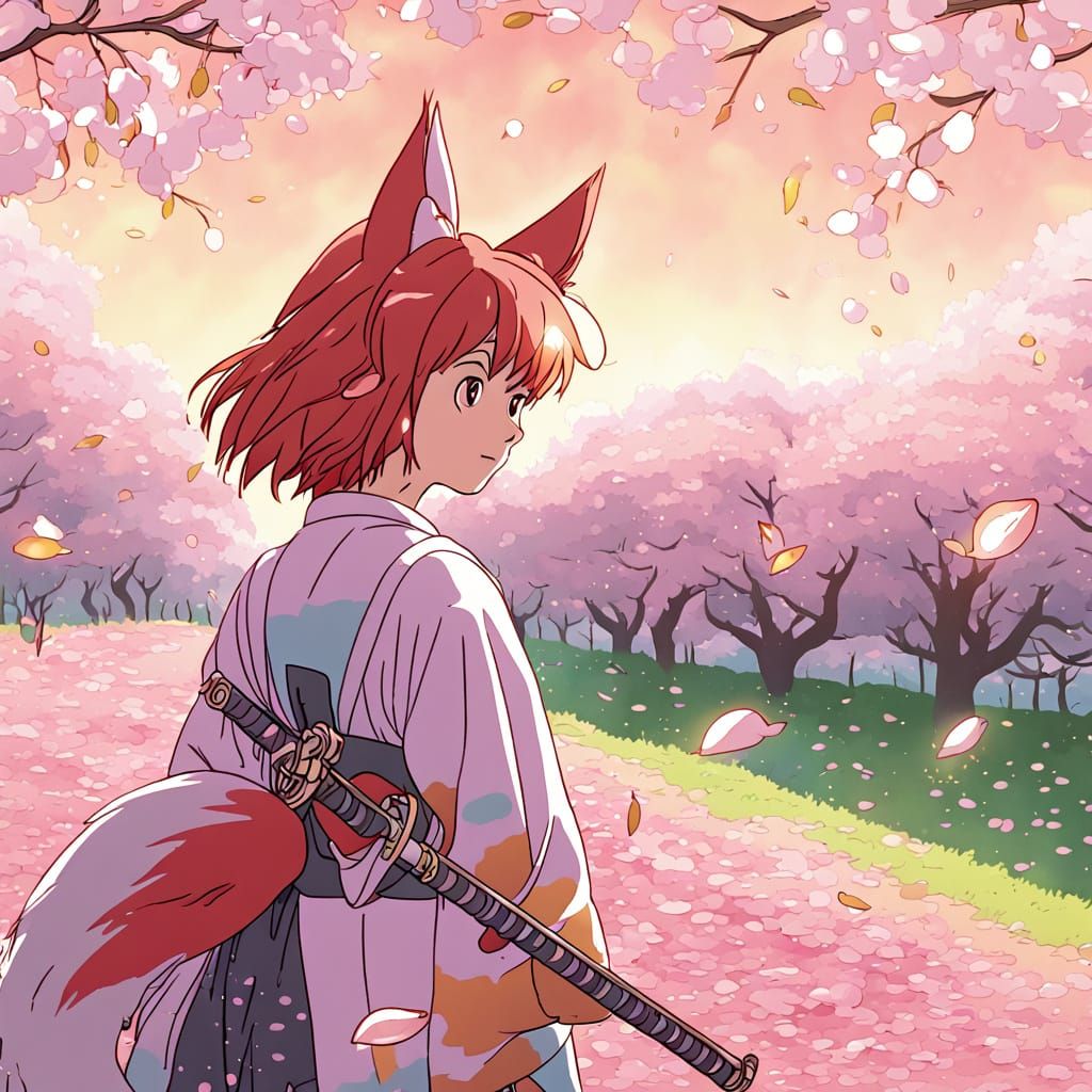 Red-Haired Fox Samurai in Ghibli Cherry Blossom Field