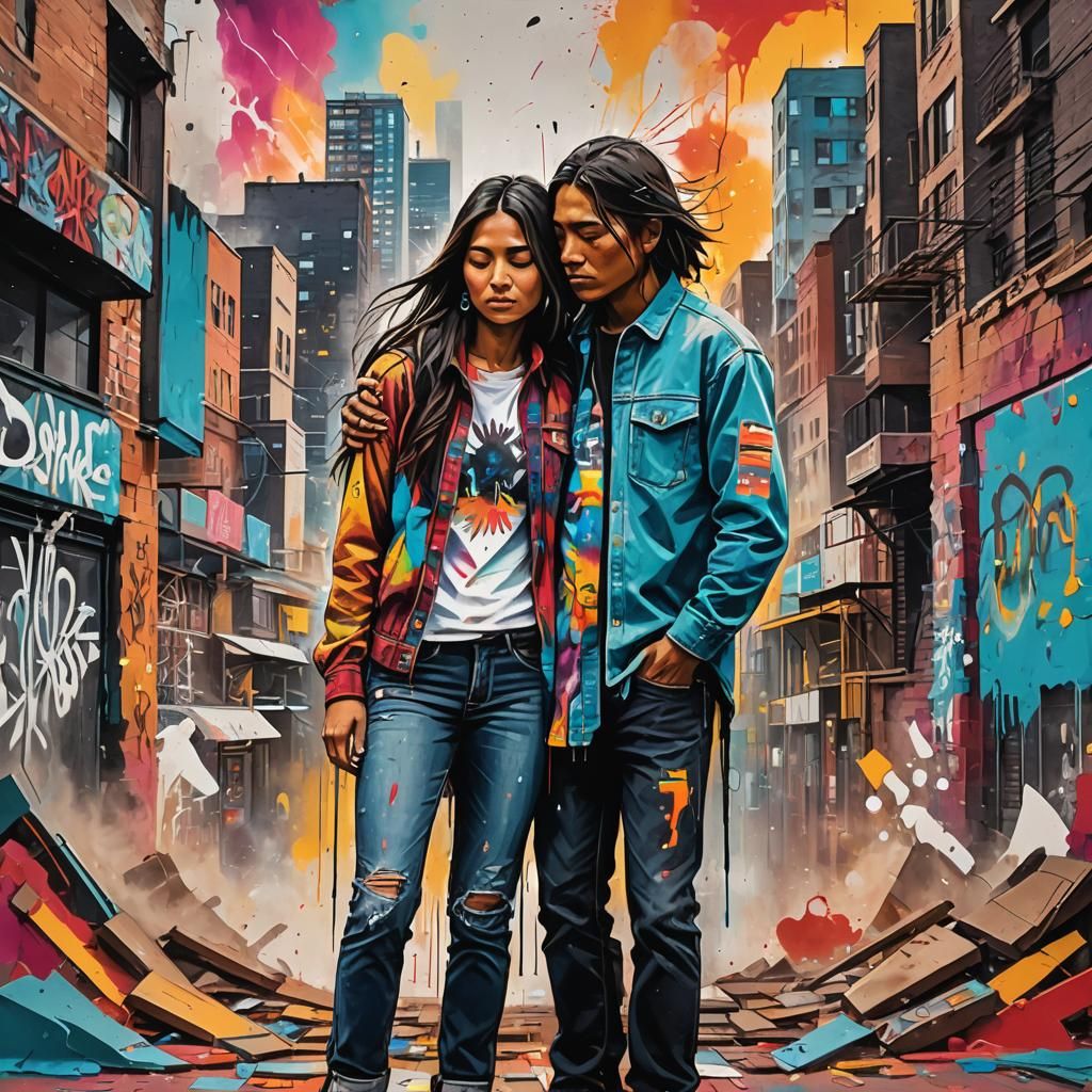 Native American Couple in Graffiti Art Cityscape