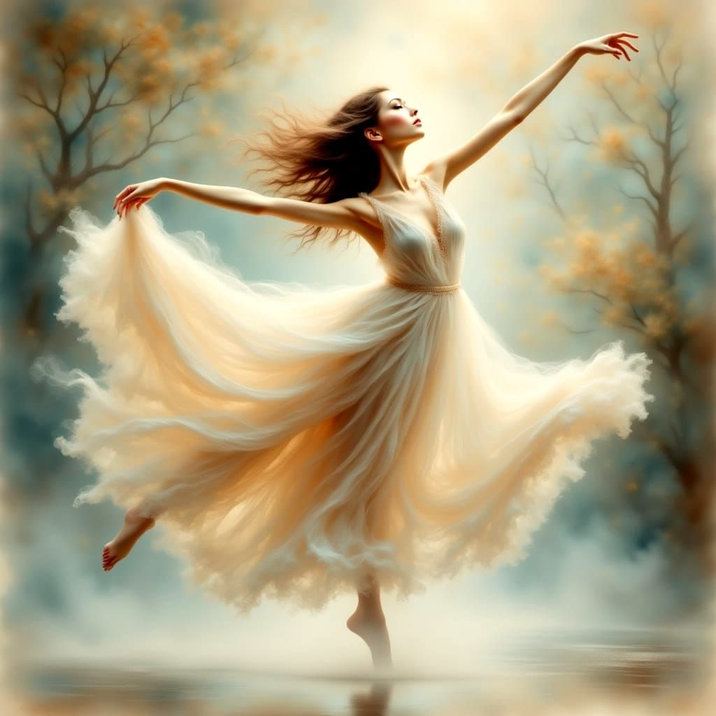 Graceful Dancer Floating On Air in Antique Watercolor Style