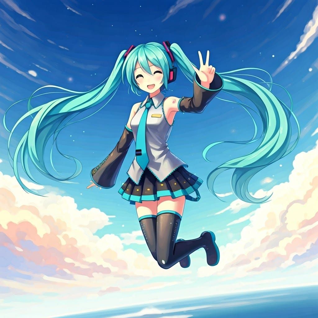 Hatsune Miku Soars Through the Air in Vibrant Anime Style