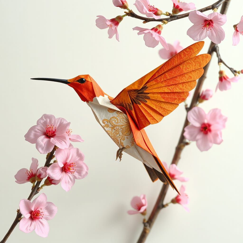Origami Hummingbird with Blossoms in Whimsical Style