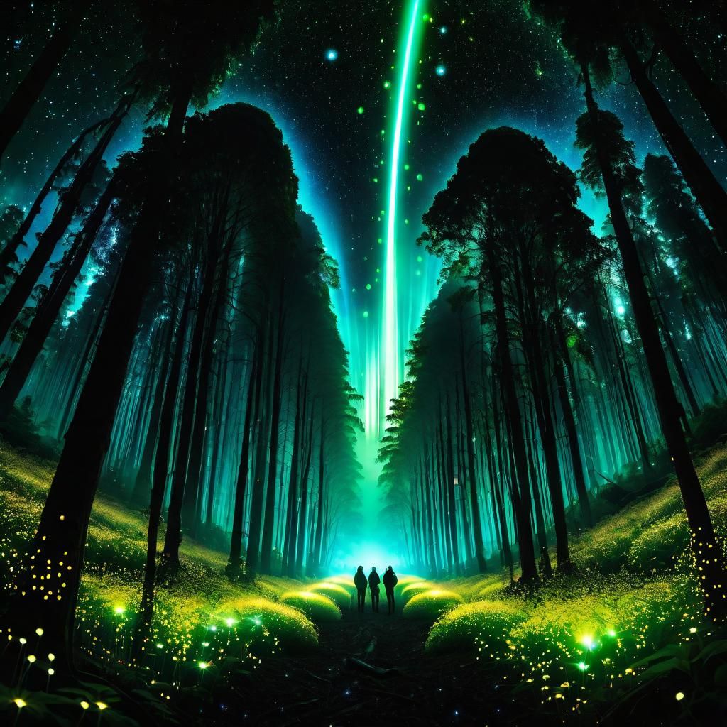 Space alien city overlaying or merging two images, Deep dark forest full of fireflies
