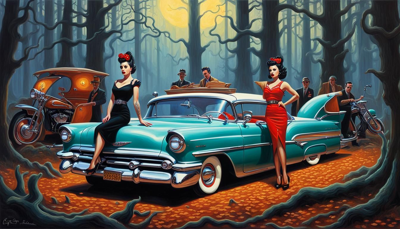 Rockabilly Models in Enchanted Forest at Dawn