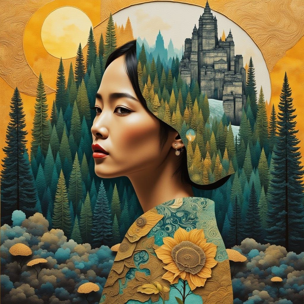 Woman and Mountain Landscape in Mixed Media