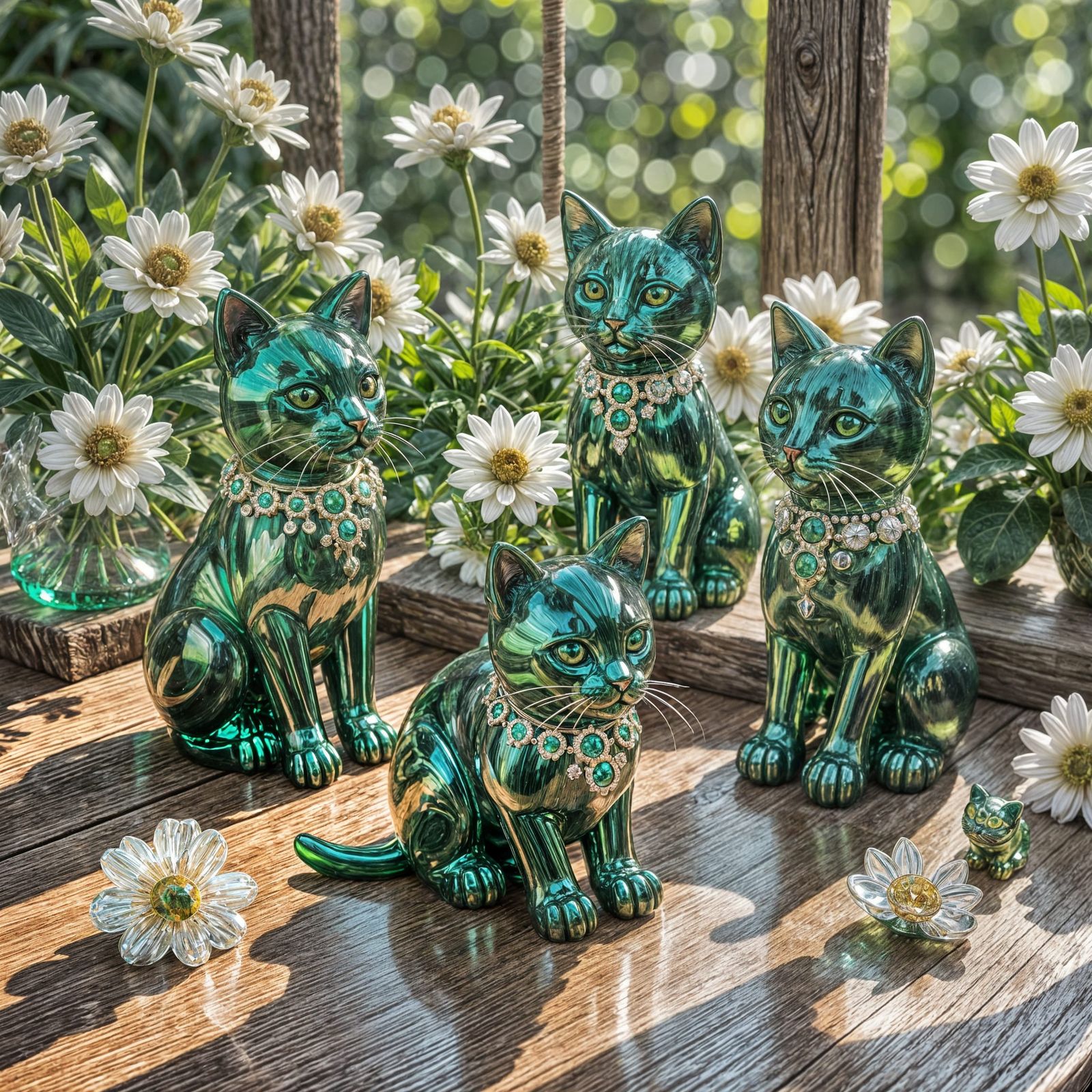 Emerald Cats Amongst The Flowers