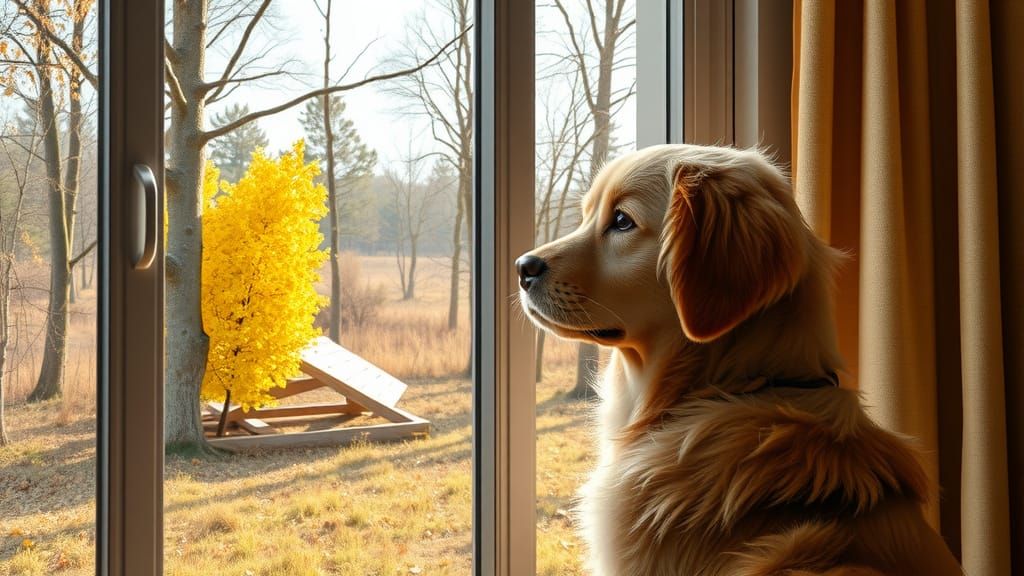 Fluffy Golden Retriever Gazes at Autumn Woods Matte Painting