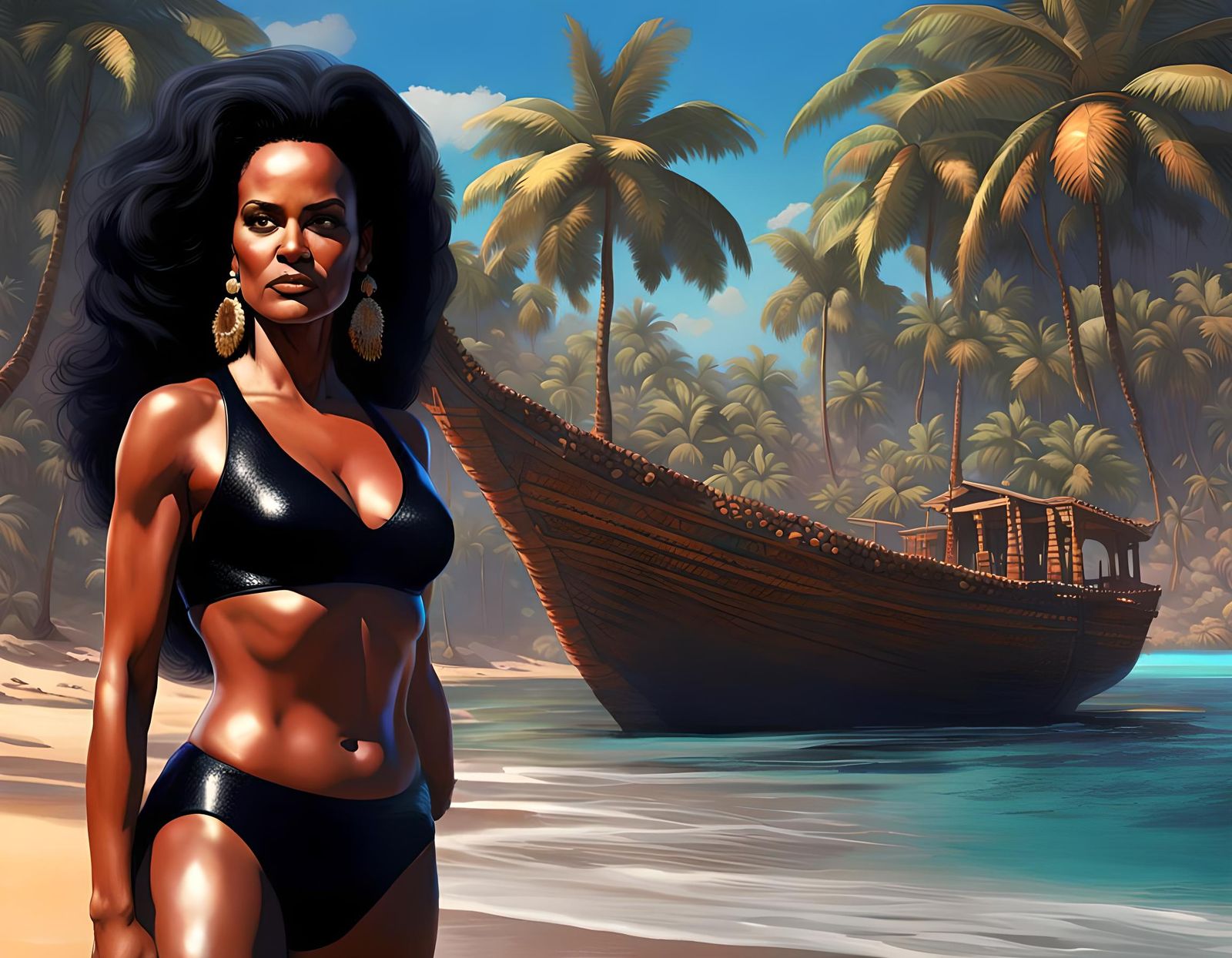 Jayne Kennedy in Black Bikini: Hyperdetailed Concept Art