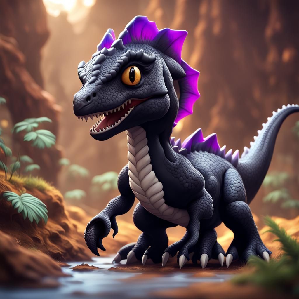 Chibi Black T-Rex Dragon in Detailed Digital Painting