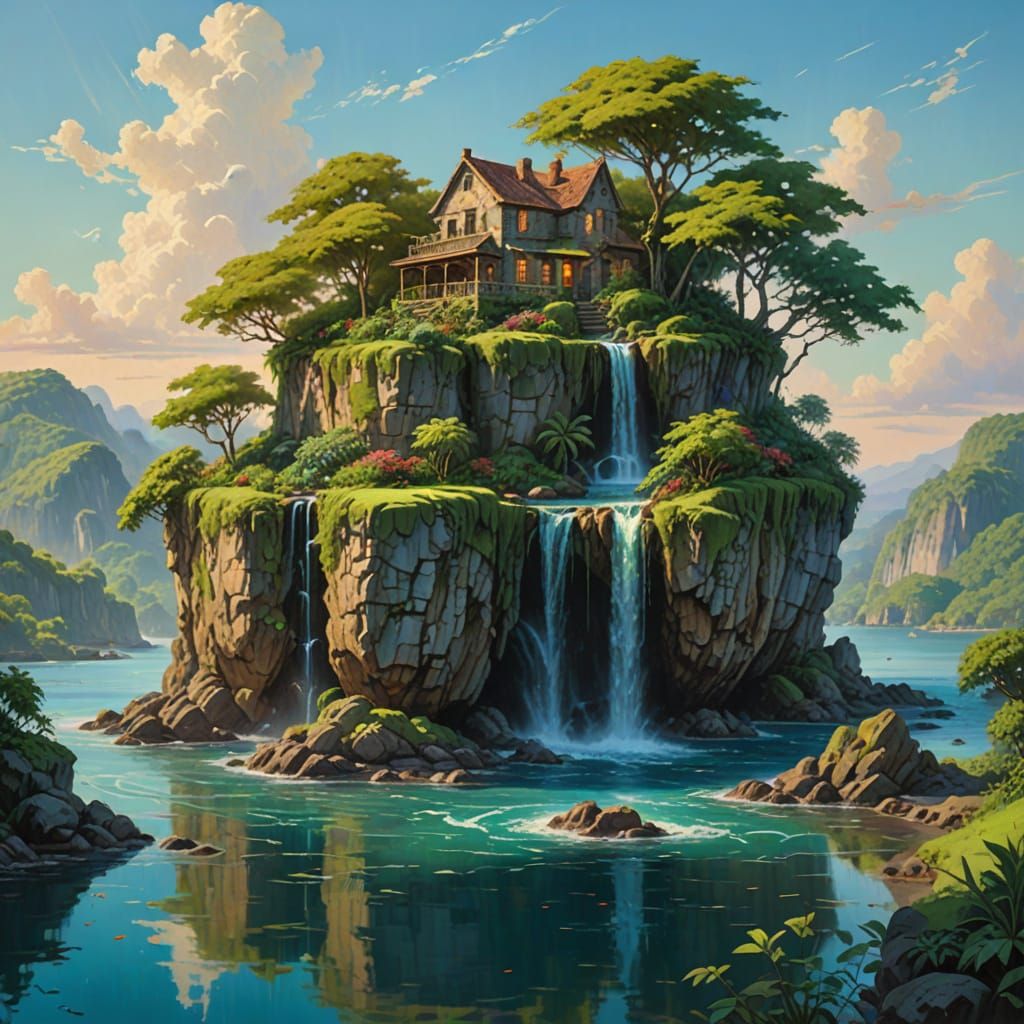 Floating Island with Waterfalls in Ethereal Light