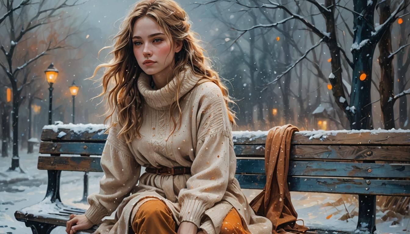 Snowy Day Woman: Oil Painting Style