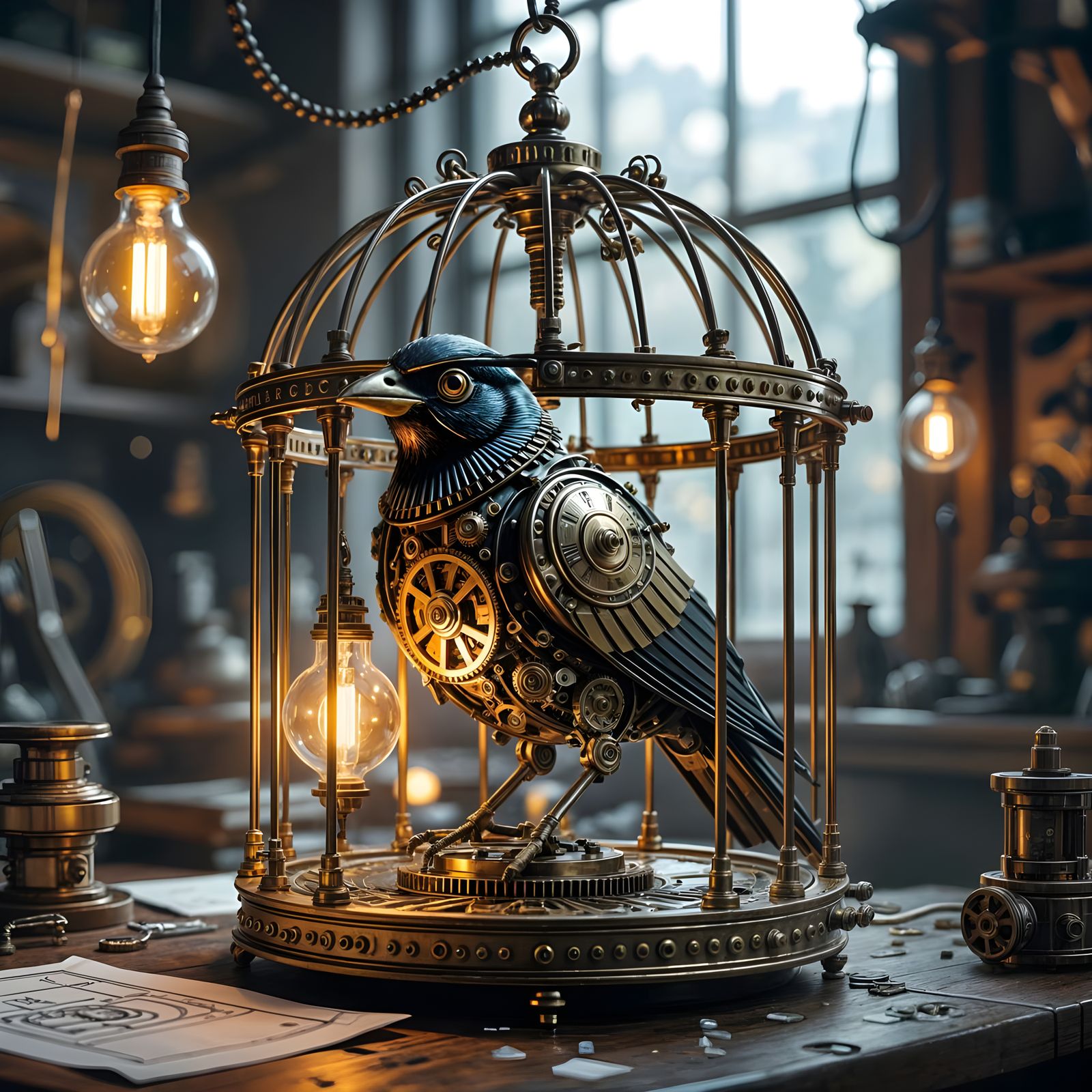 Steampunk Clockwork Bird in Intricate Brass Cage