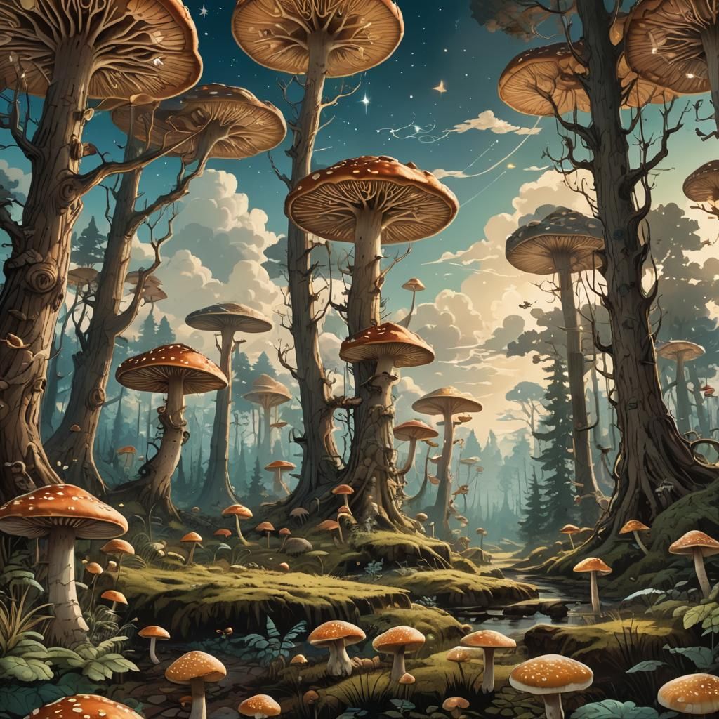 Mushroom Forest at Dawn: A Retro Fantasy Painting