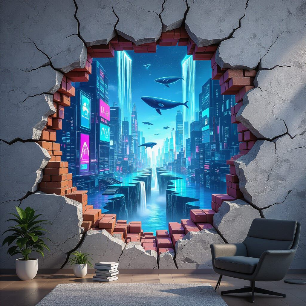 Hyperrealistic 3D Mural: Dimensional Crack