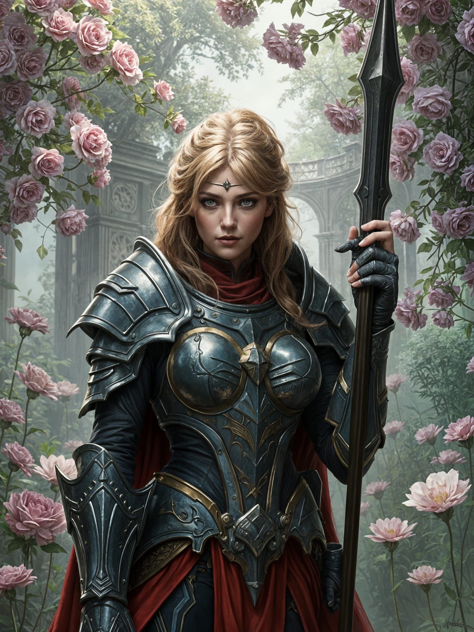 Armored Warrior in Romantic Garden, Fantasy Digital Art