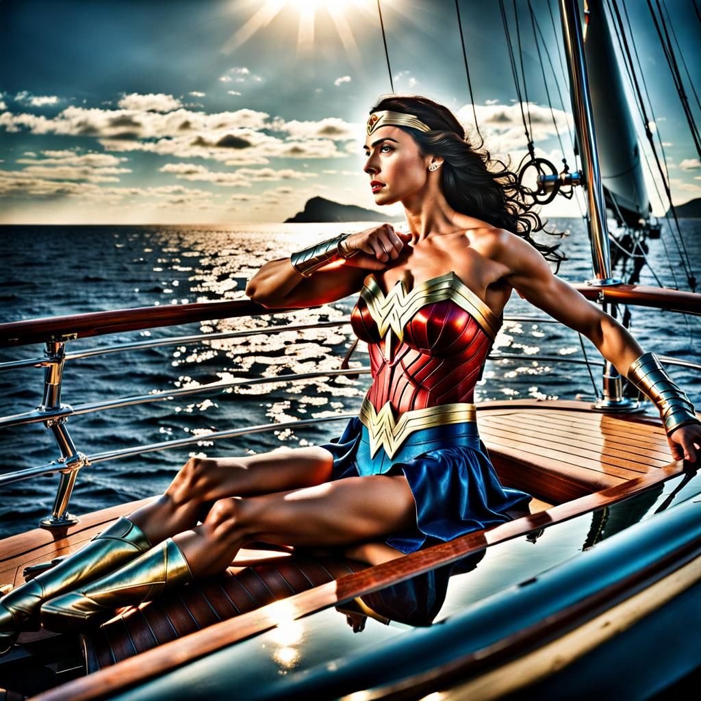 Wonder woman sunbathing on luxureous yacht