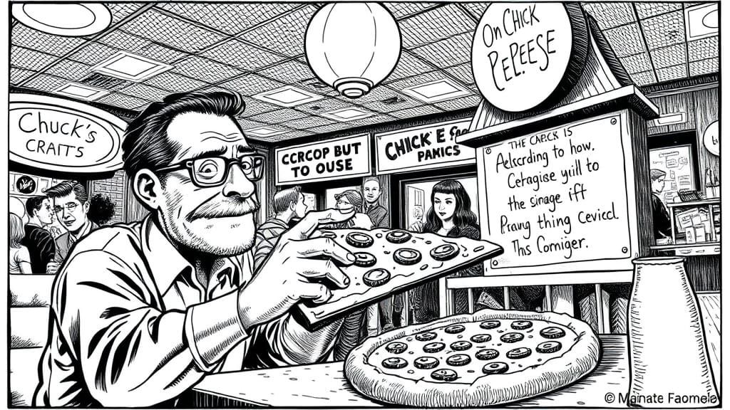 Man at Chuck E. Cheese in Comic Book Style