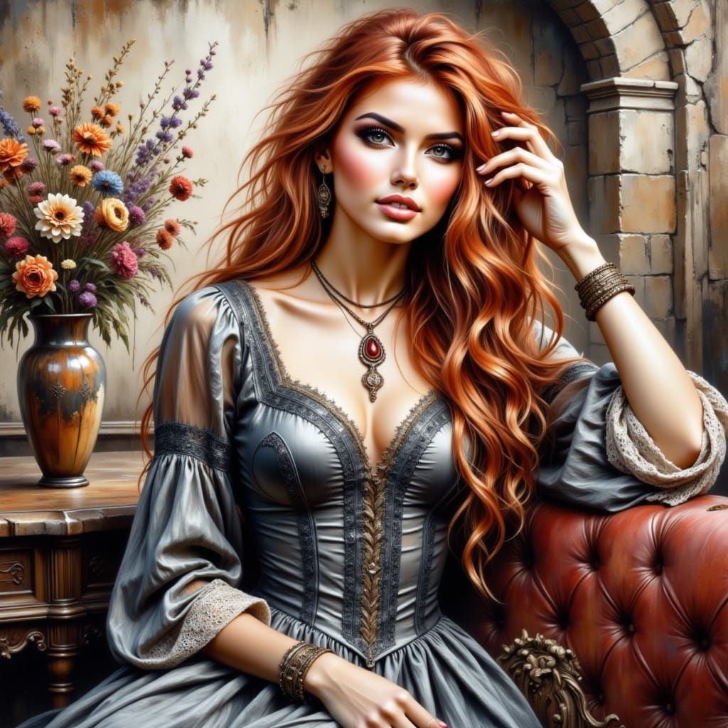 Copper-Haired Woman in Medieval Watercolor Setting