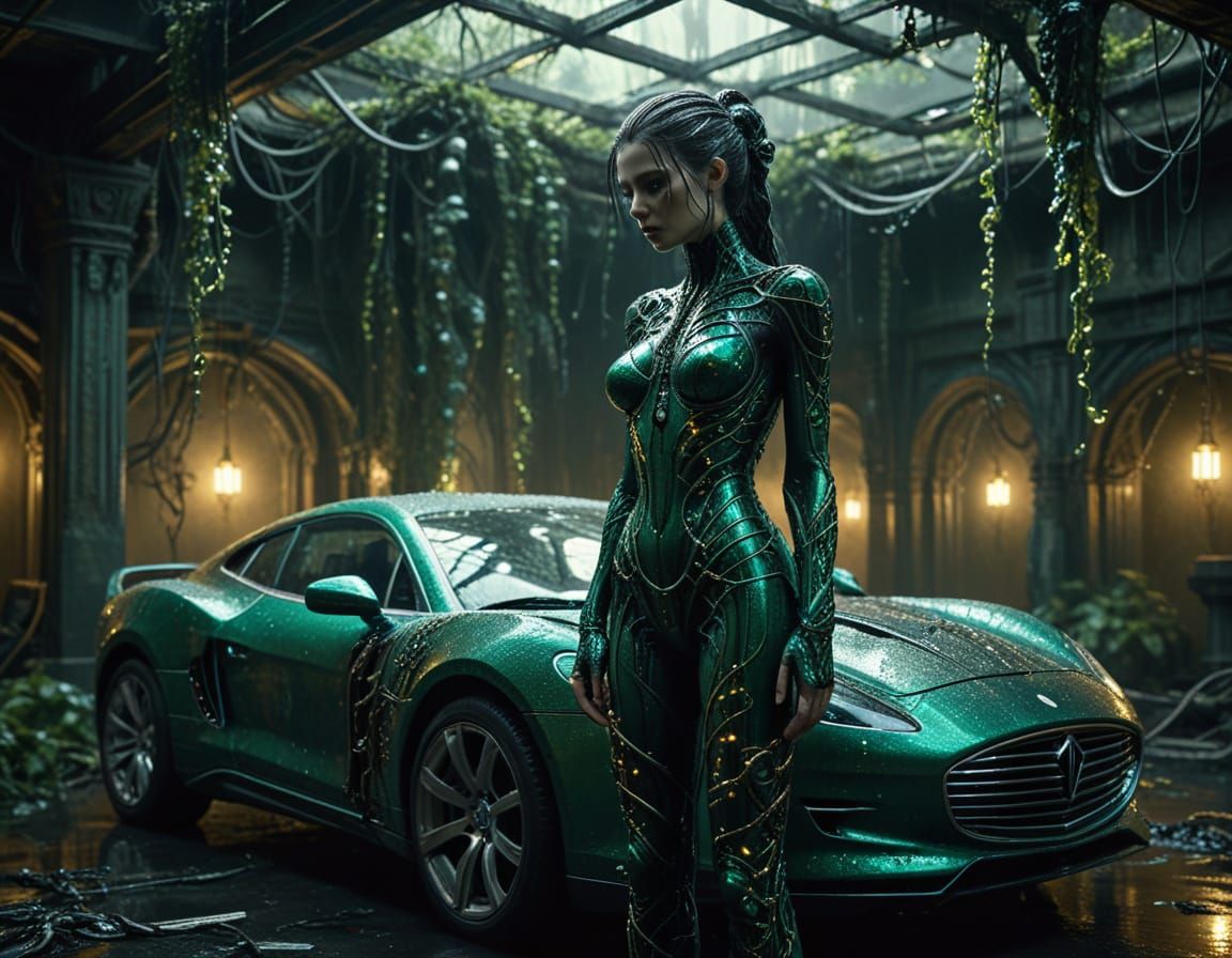 Surreal Biomechanical Goddess Amidst Ancient Ruins