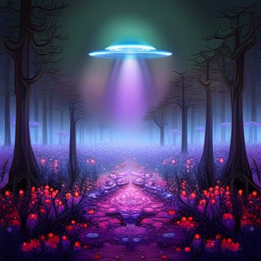 Metallic UFO over Lilac Forest, Hyperdetailed Illustration