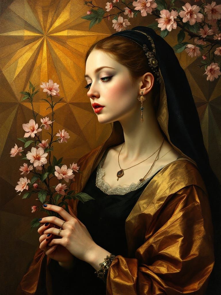 Renaissance Portrait Fusion: Geometric Figure in Garden