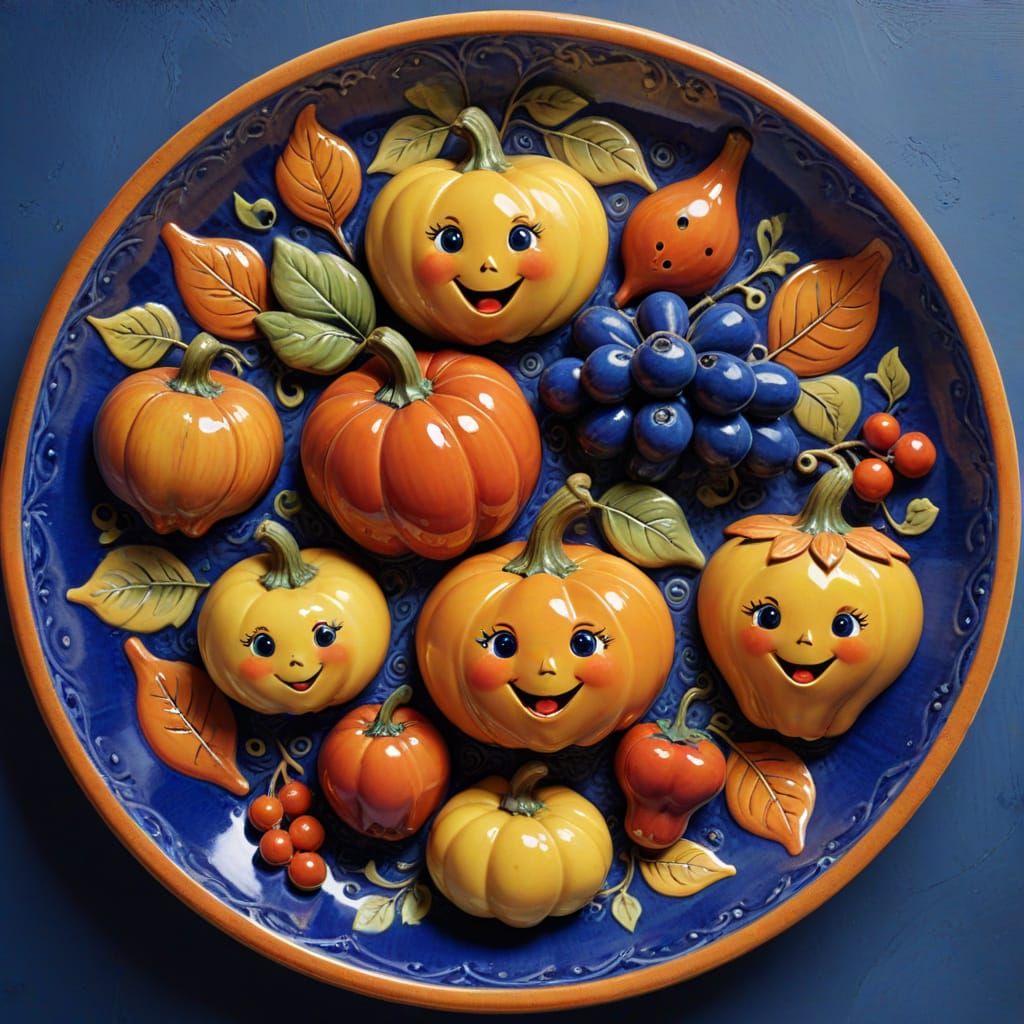 Vibrant Autumn Harvest with Cute Faces in Maiolica Style