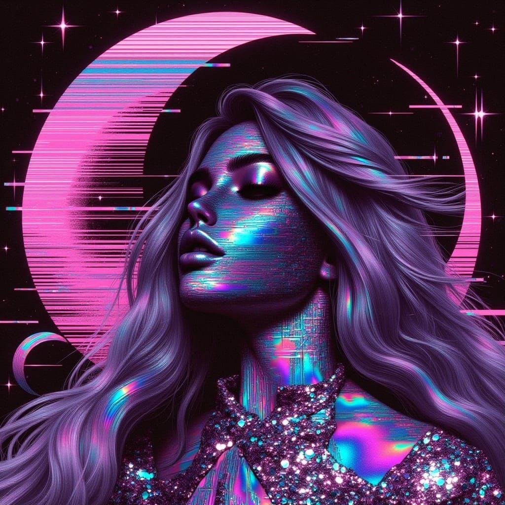 Retro-Futuristic Cyborg Model in Glitchcore Style