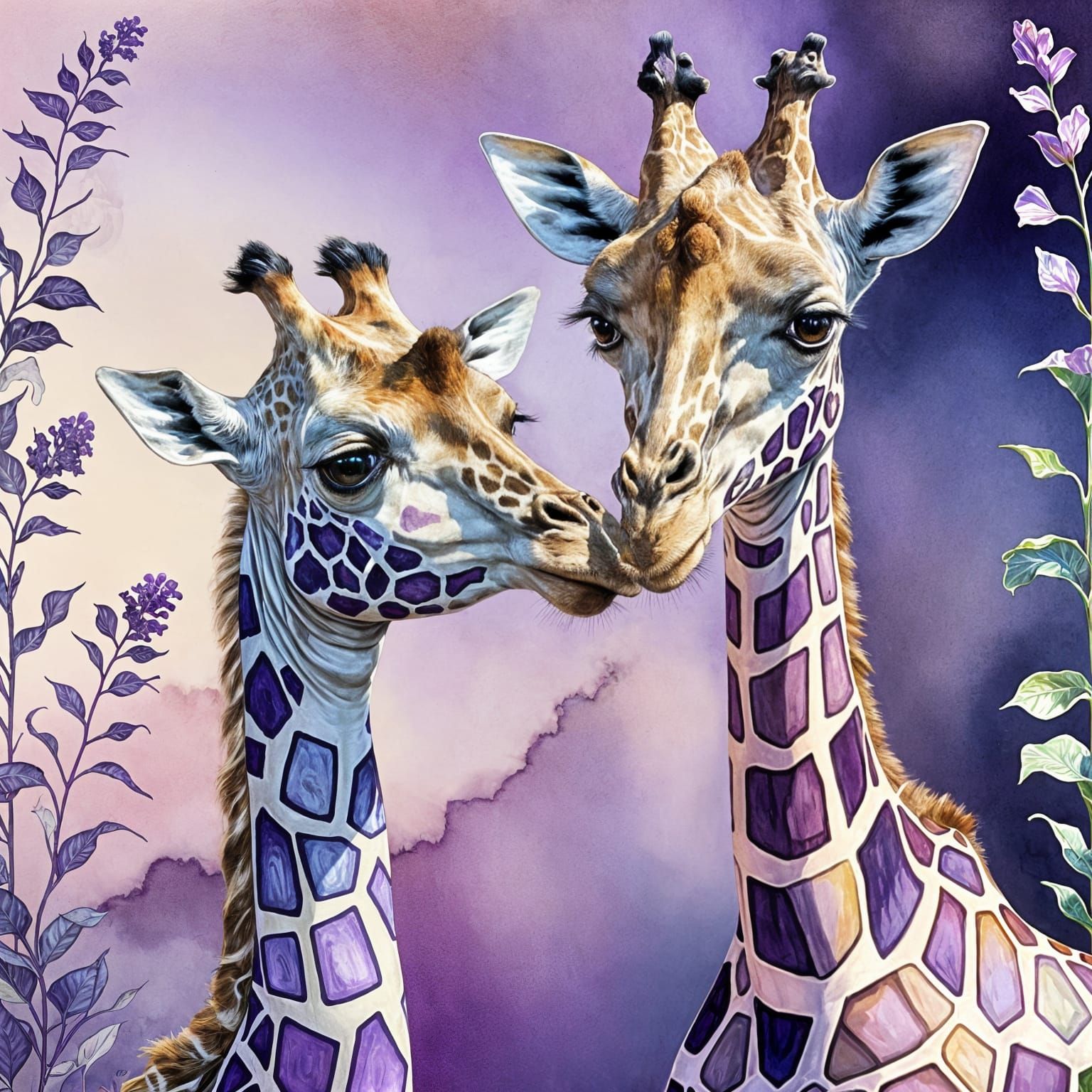 Watercolor Giraffe Mother and Baby in Iridescent Hues