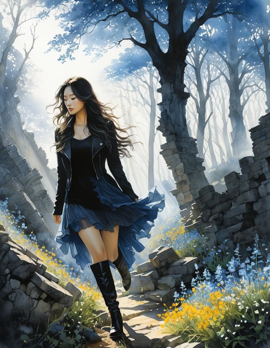 Surreal Watercolor Portrait of Woman Among Ruins