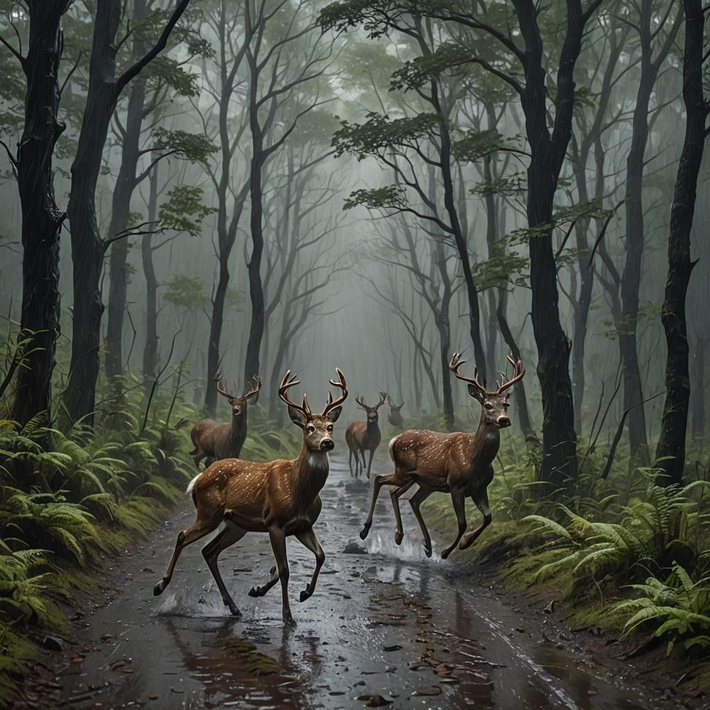 Deer Running Through Dark Rainy Forest