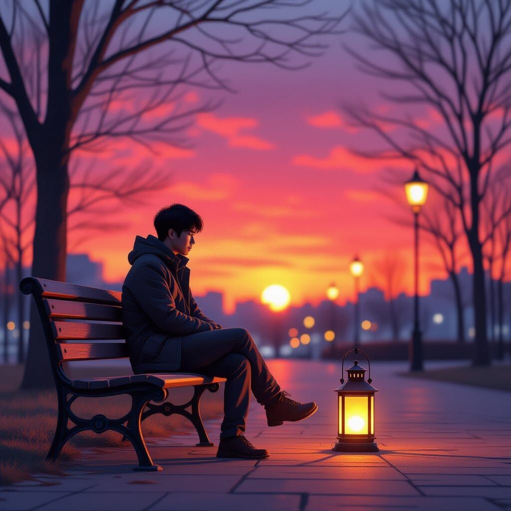 Silhouette of Man at Sunset with Lantern