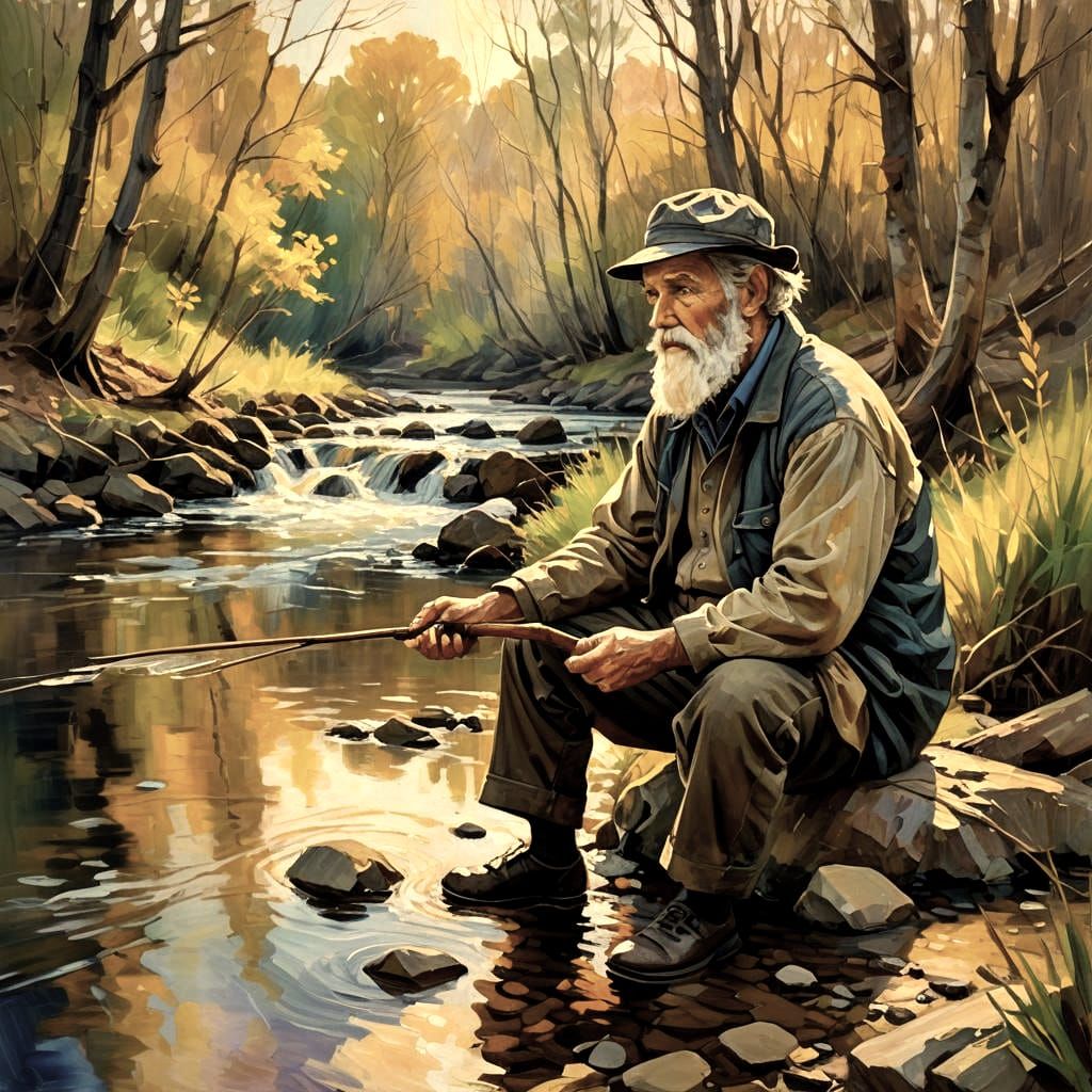 Bearded Man Fishing: Neo-Impressionistic Oil Painting