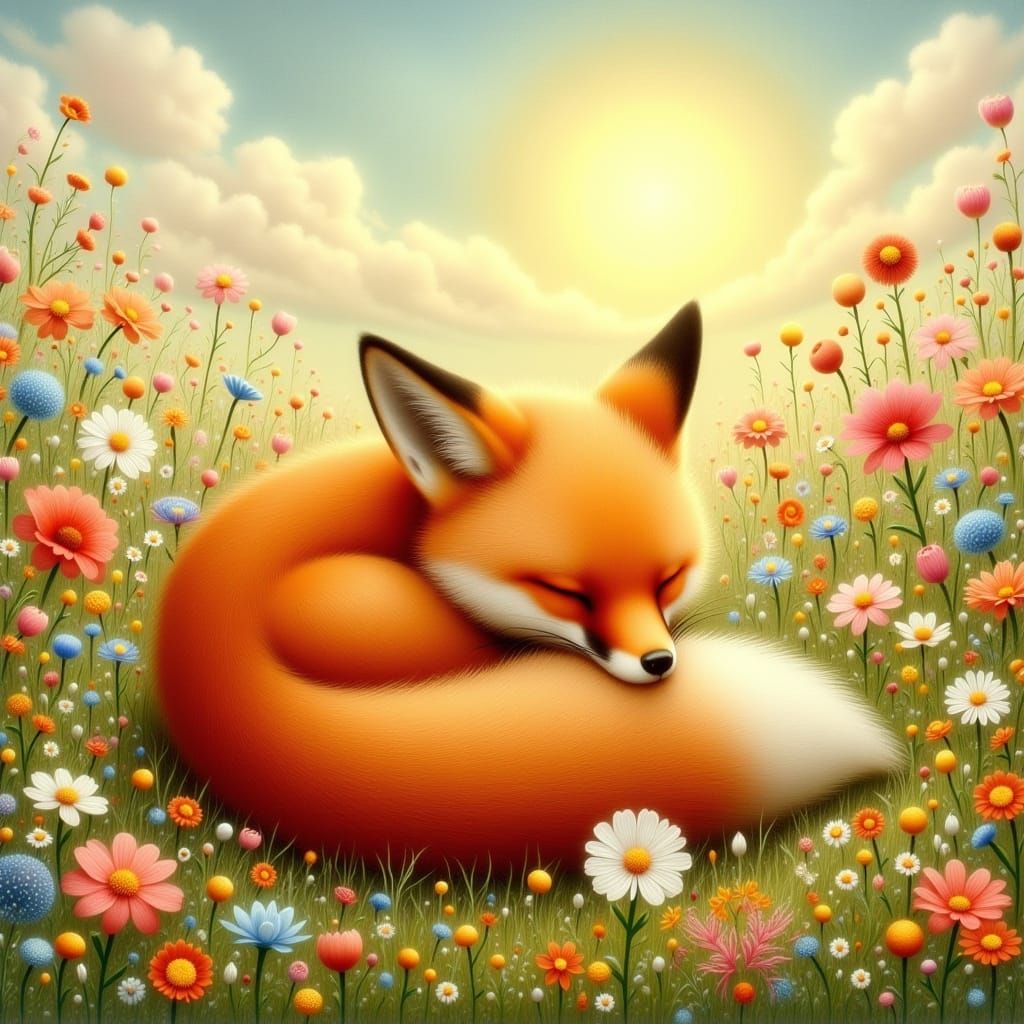 Sleeping Fox in Sunny Meadow, Storybook Illustration