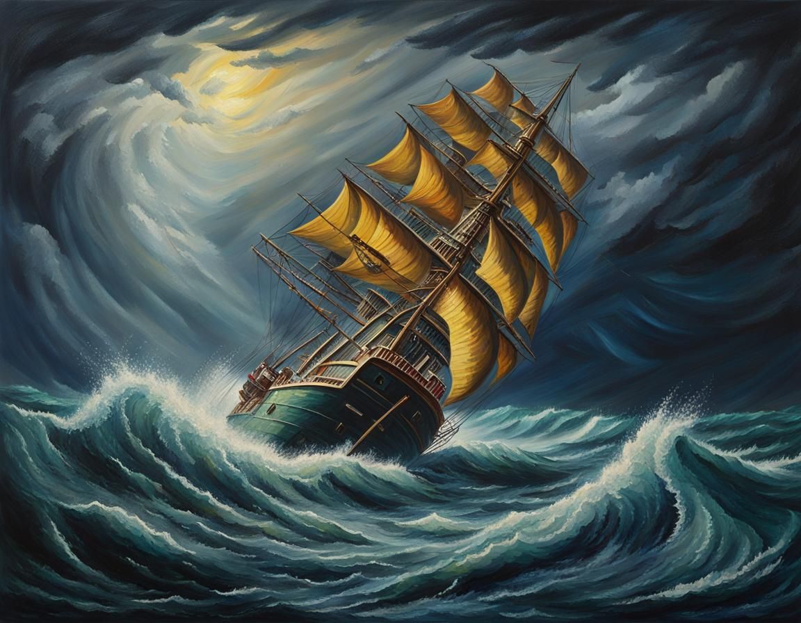 Ship Caught in Stormy Sea: Oil Painting