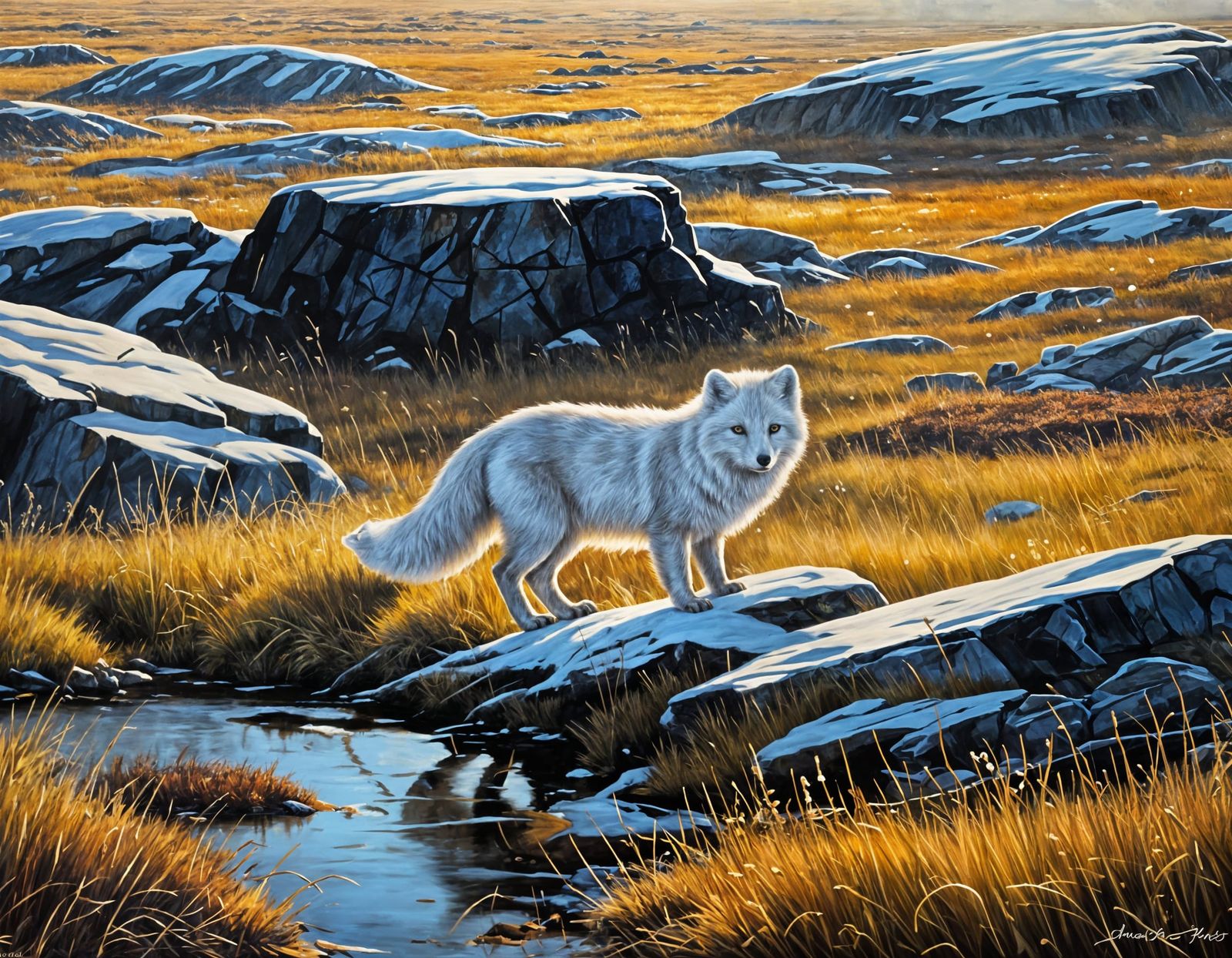 Arctic Fox Roaming the Frozen Tundra, Oil Painting