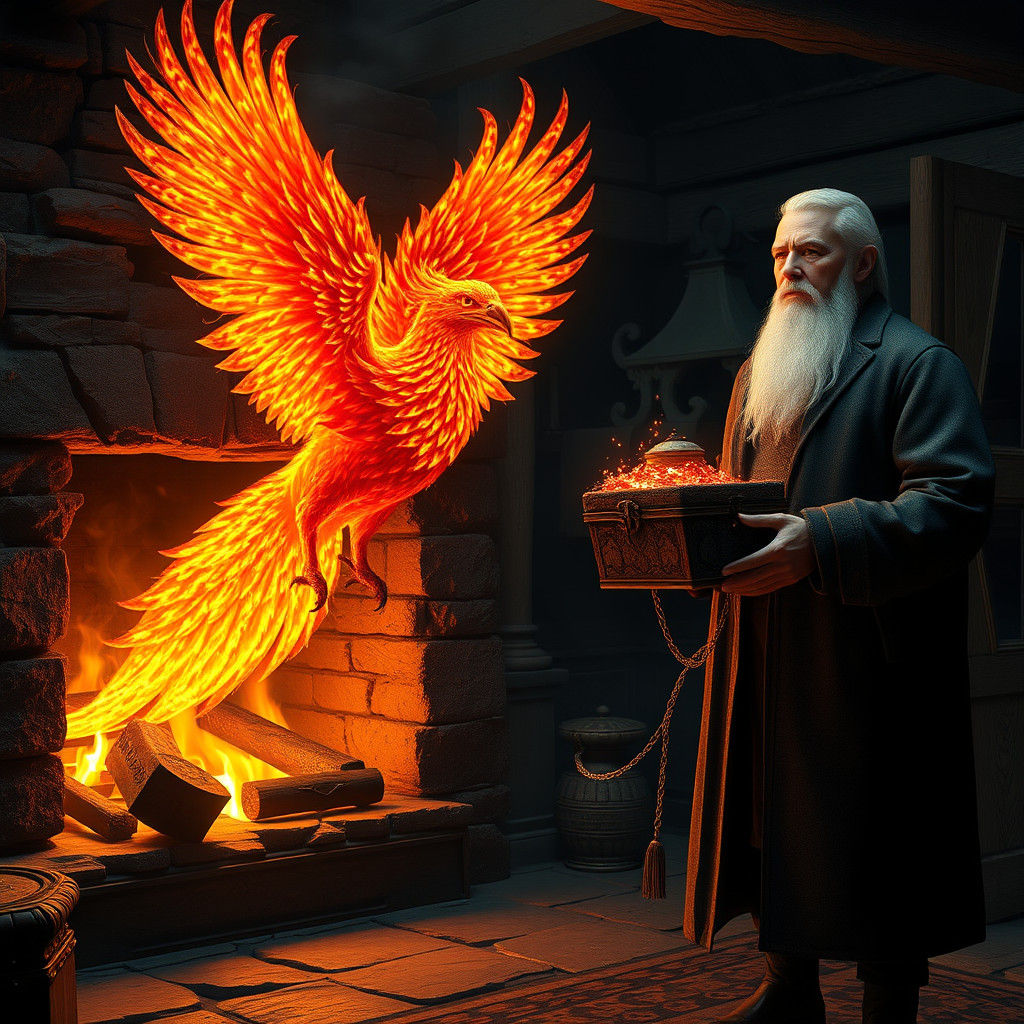 Phoenix Rising from Fireplace in Rustic Inn