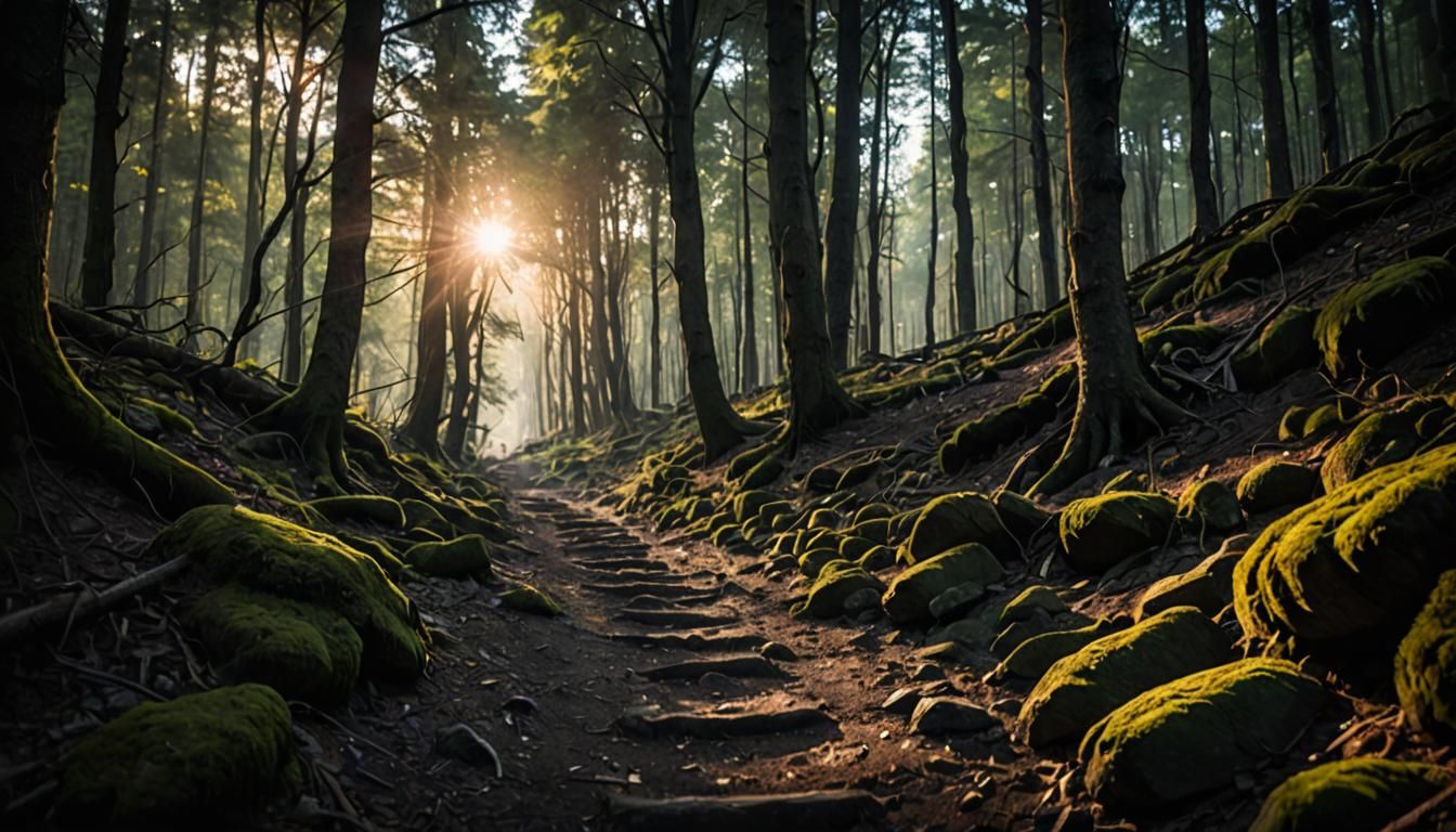 Sunlit Path Through Dark and Sinister Forest