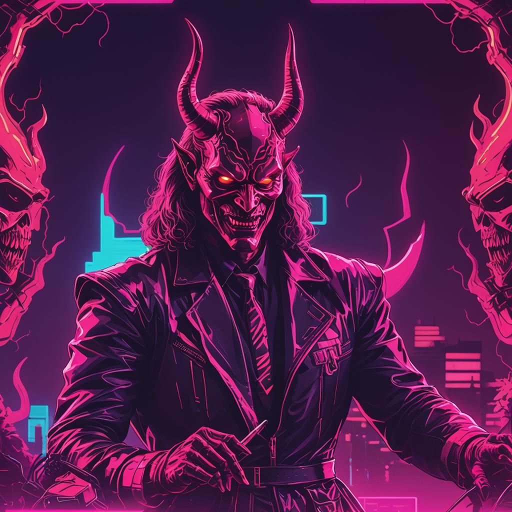 Synthwave Devil in Neon Retro Style