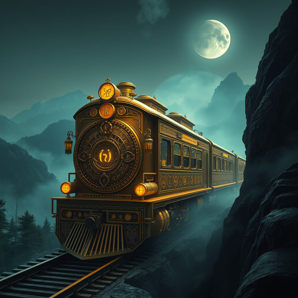 Mystical Golden Train Amidst Misty Mountains