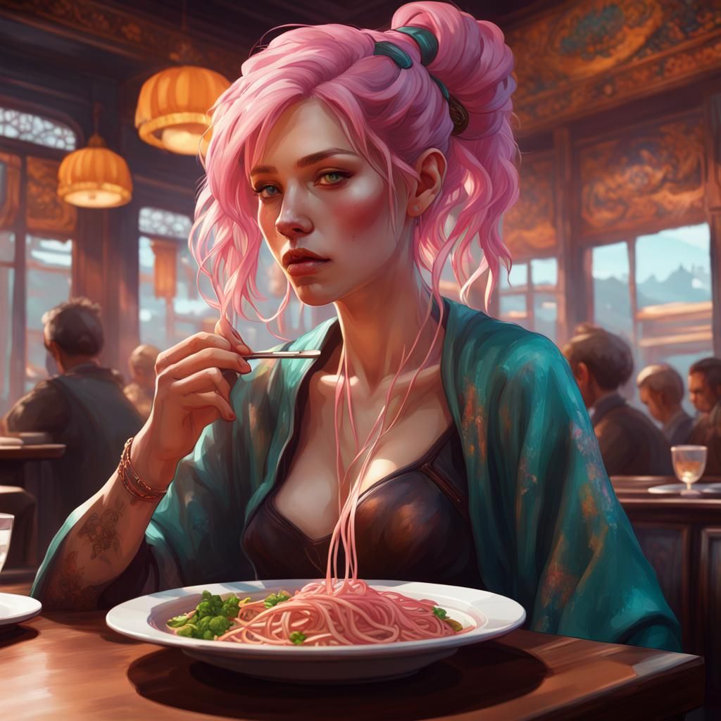 Woman with Pink Hair Enjoys Lo Mein, Hyperdetailed Art