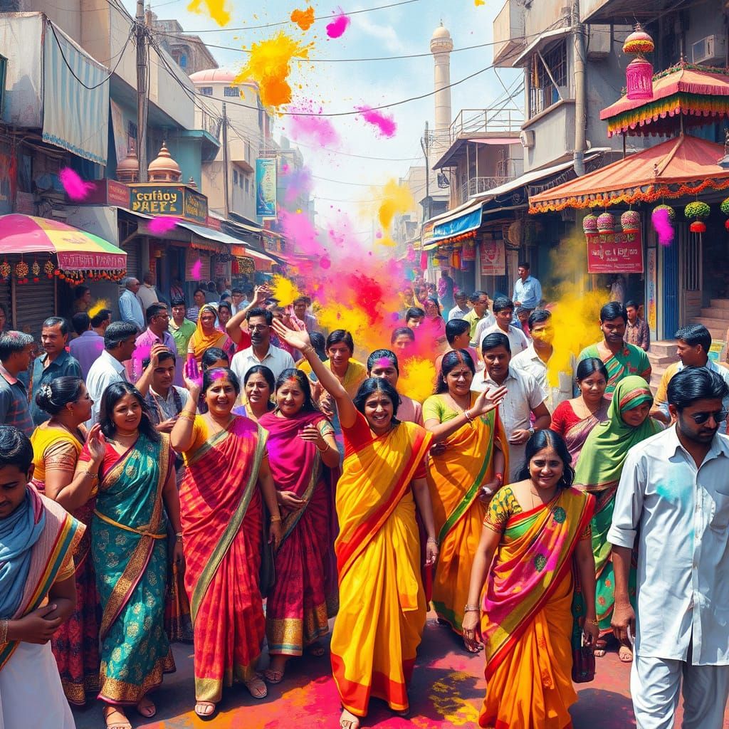Vibrant Indian Festival Scene with Joyful Crowd and Colorful...