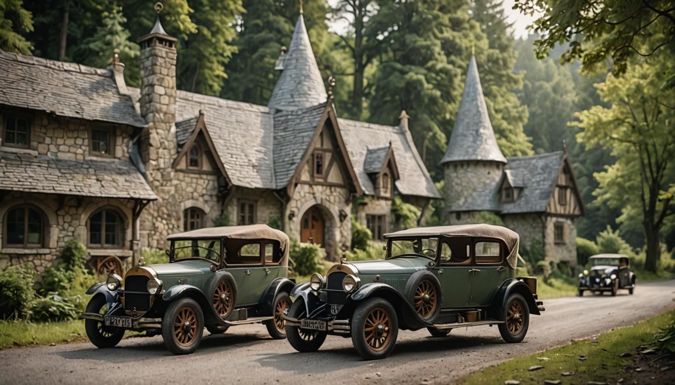 Antique Elven Cars Outside Forest Cottage
